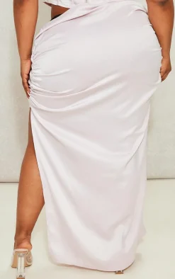 PrettyLittleThing Plus Satin Ruched Side Split Midi Skirt Light Pink