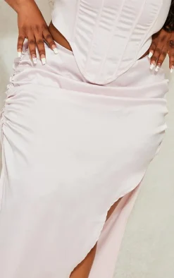 PrettyLittleThing Plus Satin Ruched Side Split Midi Skirt Light Pink