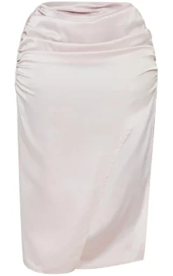PrettyLittleThing Plus Satin Ruched Side Split Midi Skirt Light Pink