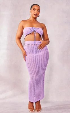 Hot PrettyLittleThing Plus Knitted Tie Front Bandeau Top Lilac