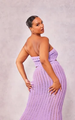 Hot PrettyLittleThing Plus Knitted Tie Front Bandeau Top Lilac