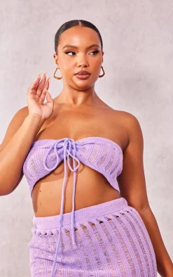 Hot PrettyLittleThing Plus Knitted Tie Front Bandeau Top Lilac