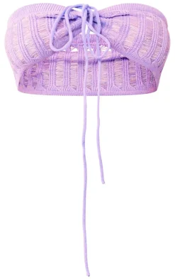 Hot PrettyLittleThing Plus Knitted Tie Front Bandeau Top Lilac