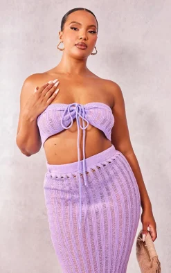 Hot PrettyLittleThing Plus Knitted Tie Front Bandeau Top Lilac