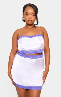 Sale PrettyLittleThing Plus Lace Detail Cropped Satin Top Lilac