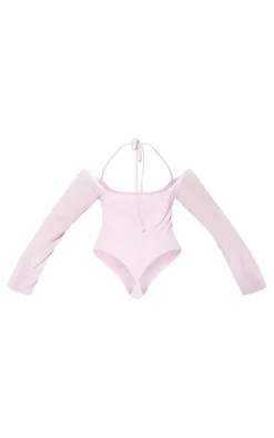 Plus Lilac Mesh Sleeve Halter Neck Bodysuit