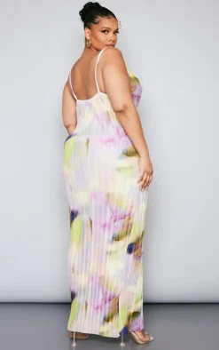 Plus Watercolour Printed Plisse Cowl Neck Maxi Dress-PrettyLittleThing Online