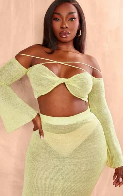 New PrettyLittleThing Plus Knitted Twist Front Detail Crop Top Lime