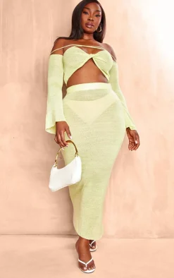 New PrettyLittleThing Plus Knitted Twist Front Detail Crop Top Lime