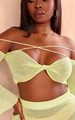 New PrettyLittleThing Plus Knitted Twist Front Detail Crop Top Lime