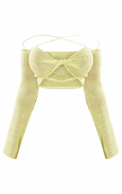 New PrettyLittleThing Plus Knitted Twist Front Detail Crop Top Lime