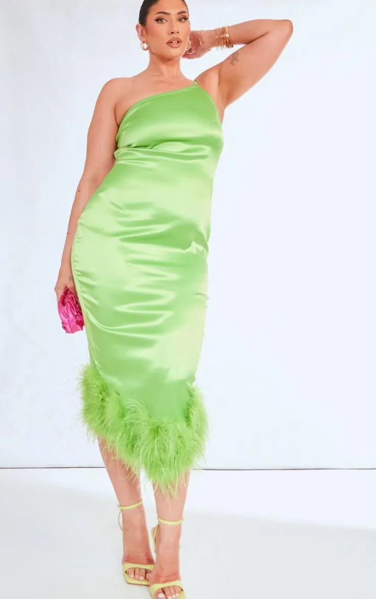Plus Satin Feather Trim One Shoulder Midi Dress-PrettyLittleThing Best