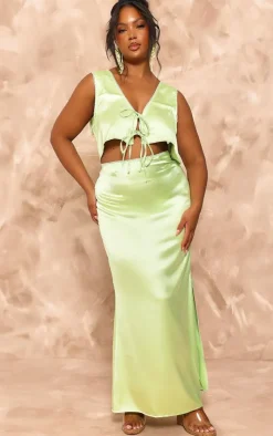 Sale PrettyLittleThing Plus Lime Satin Midaxi Skirt Baby Pink