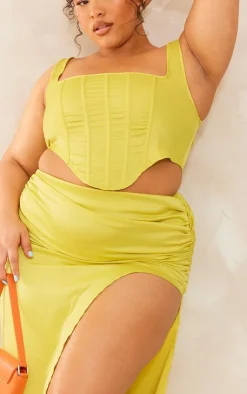 Clearance PrettyLittleThing Plus Satin Ruched Side Split Midi Skirt Lime