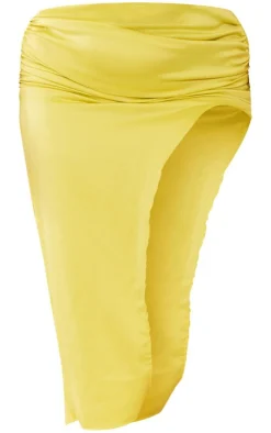 Clearance PrettyLittleThing Plus Satin Ruched Side Split Midi Skirt Lime