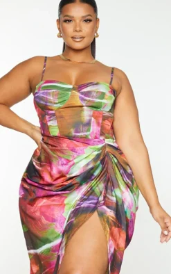 Hot PrettyLittleThing Plus Textured Print Structured Corset Top Lime