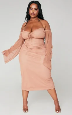 Plus Mesh Ruched Bust Sleeve Detail Midi Dress-PrettyLittleThing Outlet
