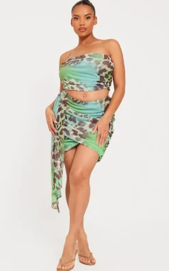 Clearance PrettyLittleThing Plus Mesh Animal Print Ruched Drape Detail Mini Skirt Aqua