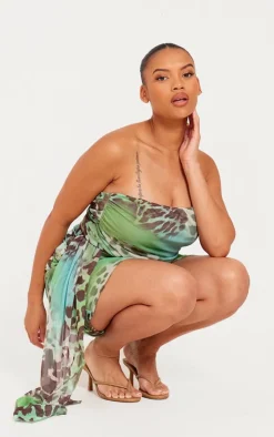 Clearance PrettyLittleThing Plus Mesh Animal Print Ruched Drape Detail Mini Skirt Aqua
