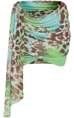 Clearance PrettyLittleThing Plus Mesh Animal Print Ruched Drape Detail Mini Skirt Aqua