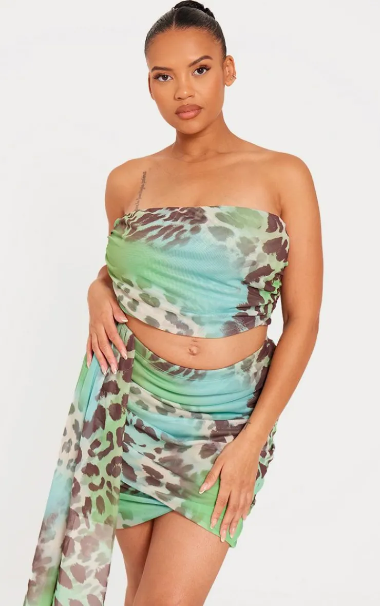 Sale PrettyLittleThing Plus Mesh Animal Print Wrap Bandeau Top Aqua