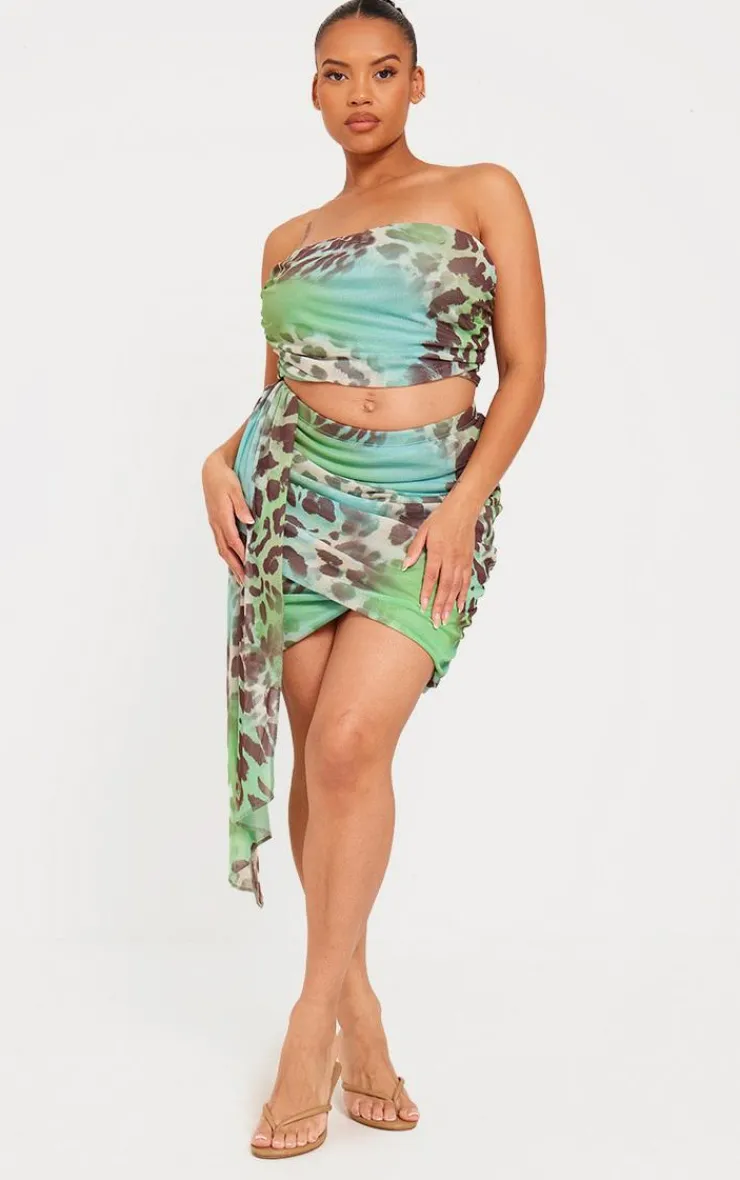 Sale PrettyLittleThing Plus Mesh Animal Print Wrap Bandeau Top Aqua