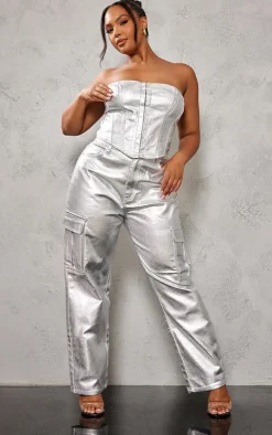 Hot PrettyLittleThing Plus Coated Denim Cargo Jeans Metallic
