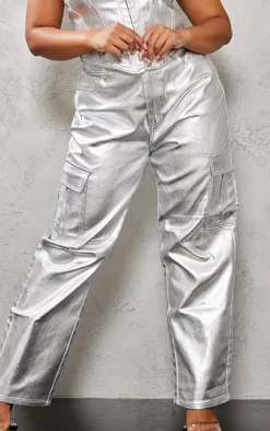Hot PrettyLittleThing Plus Coated Denim Cargo Jeans Metallic