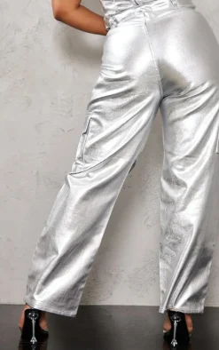 Hot PrettyLittleThing Plus Coated Denim Cargo Jeans Metallic