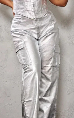 Hot PrettyLittleThing Plus Coated Denim Cargo Jeans Metallic