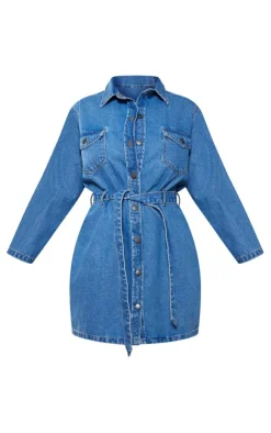 Plus Button Front Tie Waist Denim Dress-PrettyLittleThing Online
