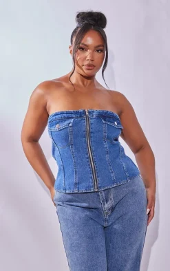 PrettyLittleThing Corsets*Plus Bandeau Zip Up Denim Corset
