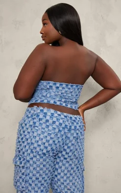 Outlet PrettyLittleThing Plus Fray Detail Checkered Denim Bandeau Top Mid Blue Wash