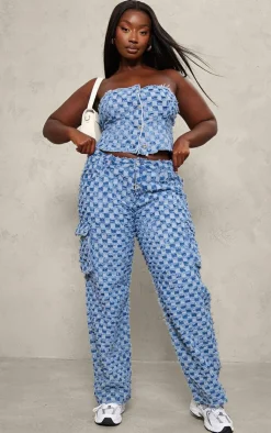 Outlet PrettyLittleThing Plus Fray Detail Checkered Denim Bandeau Top Mid Blue Wash