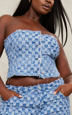 Outlet PrettyLittleThing Plus Fray Detail Checkered Denim Bandeau Top Mid Blue Wash
