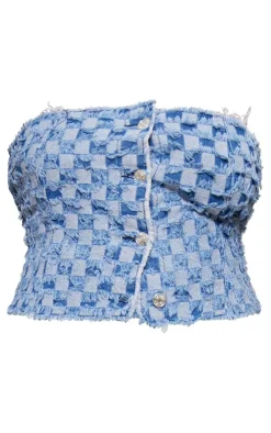 Outlet PrettyLittleThing Plus Fray Detail Checkered Denim Bandeau Top Mid Blue Wash