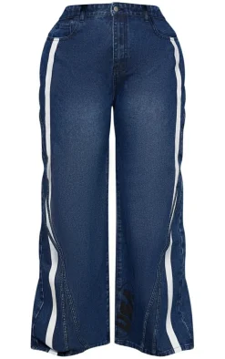 Hot PrettyLittleThing Plus Graphic Detail Panelled Wide Leg Jeans Mid Blue Wash