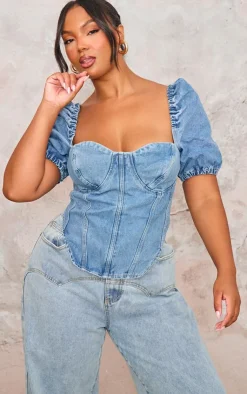 PrettyLittleThing Corsets*Plus Puff Sleeve Denim Corset Top