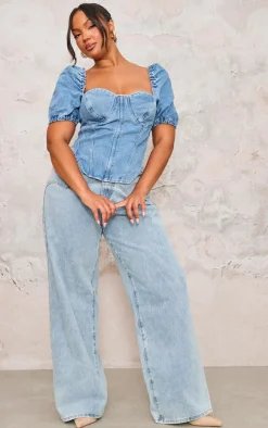 PrettyLittleThing Corsets*Plus Puff Sleeve Denim Corset Top