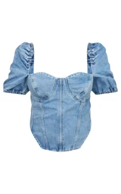 PrettyLittleThing Corsets*Plus Puff Sleeve Denim Corset Top