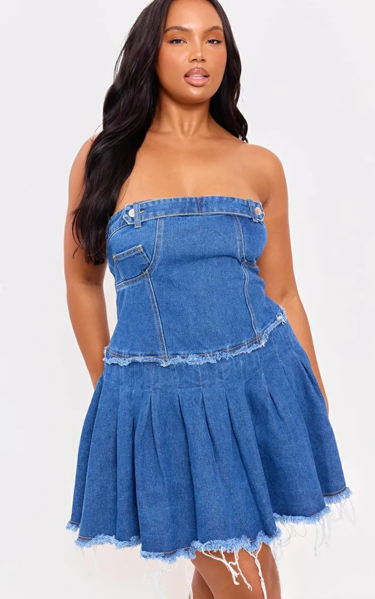 Plus Raw Edge Pleated Bandeau Denim Mini Dress-PrettyLittleThing Hot