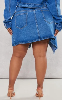 Plus Mid Blue Wash Wrap Denim Mini Skirt