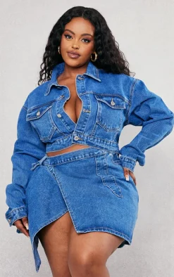 Plus Mid Blue Wash Wrap Denim Mini Skirt