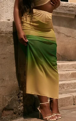 Hot PrettyLittleThing Plus Green Ombre Printed Sheer Mesh Maxi Skirt Mint