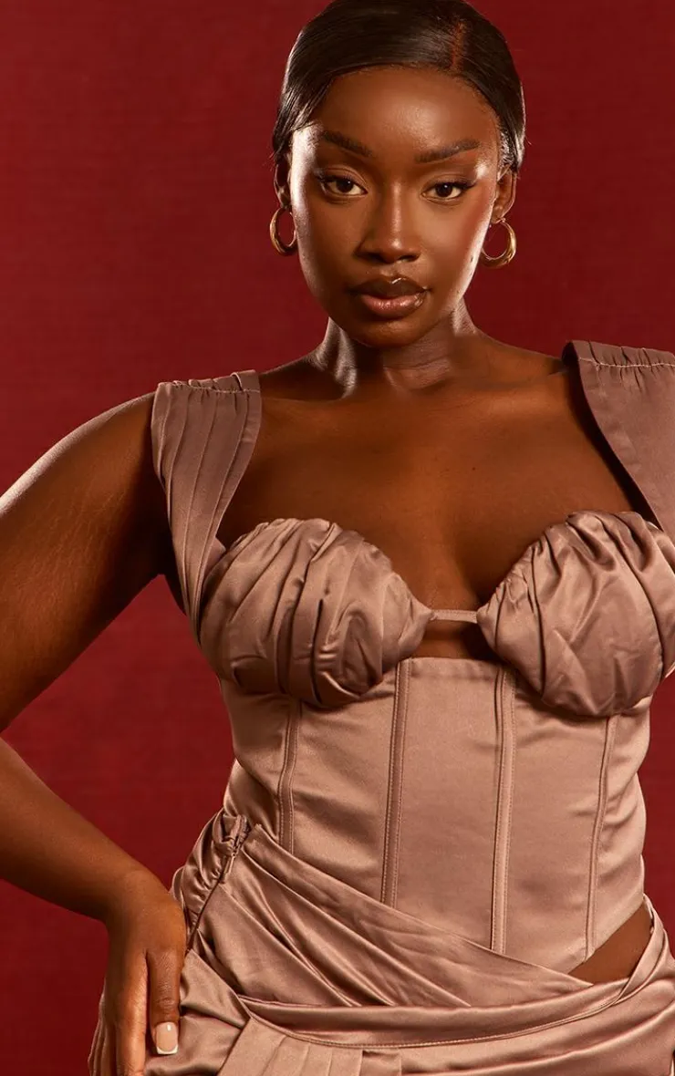 Discount PrettyLittleThing Plus Constructed Satin Ruched Bust Corset Mocha