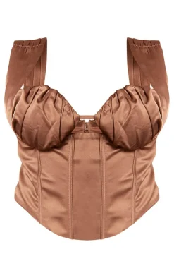 Discount PrettyLittleThing Plus Constructed Satin Ruched Bust Corset Mocha