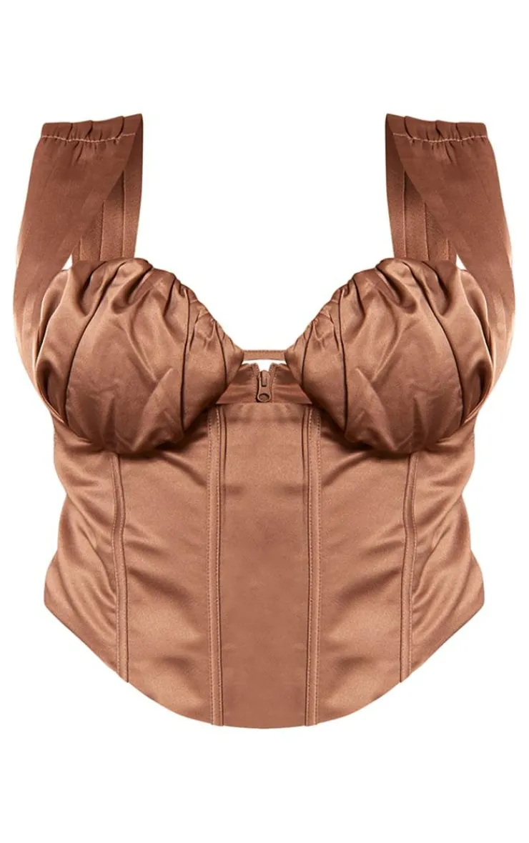 Discount PrettyLittleThing Plus Constructed Satin Ruched Bust Corset Mocha