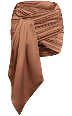 New PrettyLittleThing Plus Constructed Satin Ruched Drape Bodycon Skirt Mocha