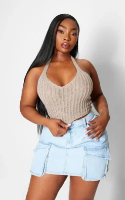 PrettyLittleThing Knitted Tops*Plus Mocha Crochet Halter Neck Crop Top