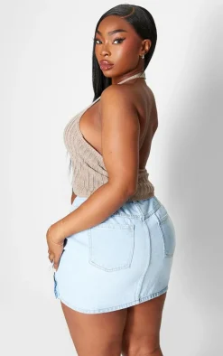 PrettyLittleThing Knitted Tops*Plus Mocha Crochet Halter Neck Crop Top